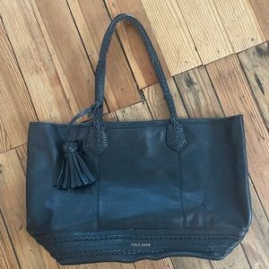 Cole Haan navy leather tote bag with tassel